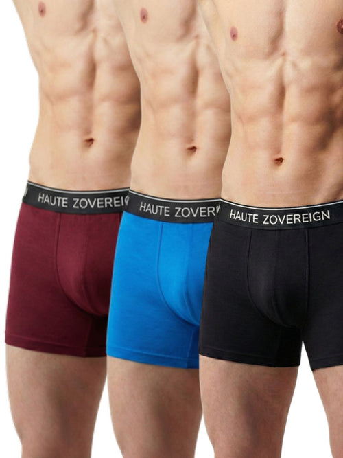 Men’s Modal (Viscose) Trunk - Pack of 3 | Dark Maroon + Turquoise Blue + Black | Haute Zovereign