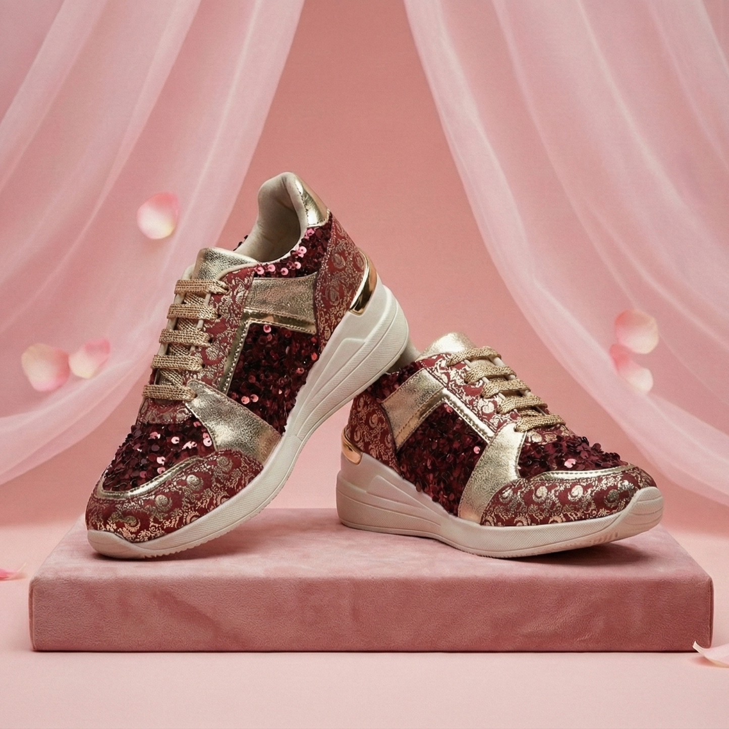 Women Gold & Maroon Wedding & Bridal Sneaker Shoes | Haute Zovereign